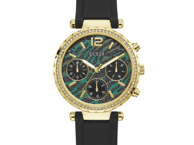 Guess Solstice Green Dial Black Rubber Strap Watch for Women