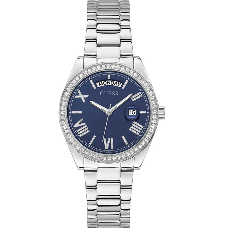 Guess Luna Diamonds Blue Dial Silver Steel Strap Watch for Women