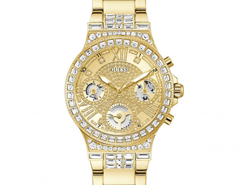 Guess Moonlight Multi Function Diamonds Gold Dial Gold Steel Strap Watch for Women