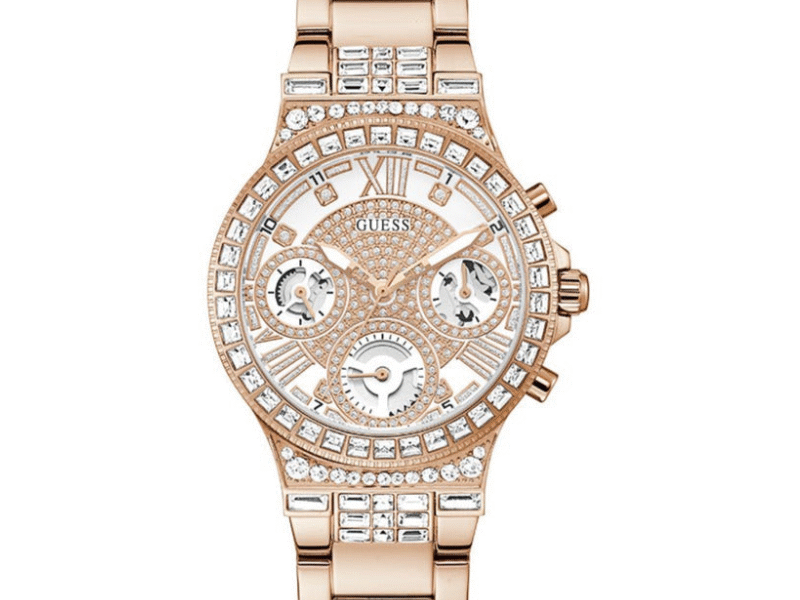 Guess Moonlight Multi Function Diamonds White Dial Rose Gold Steel Strap Watch for Women