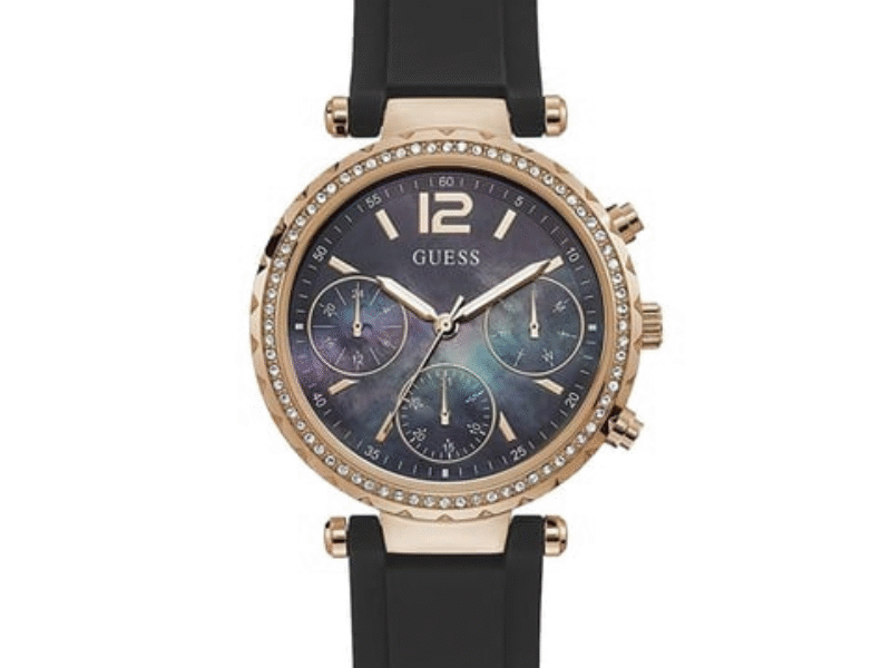 Guess Solstice Diamonds Black Mother of Pearl Dial Black Rubber Strap Watch for Women