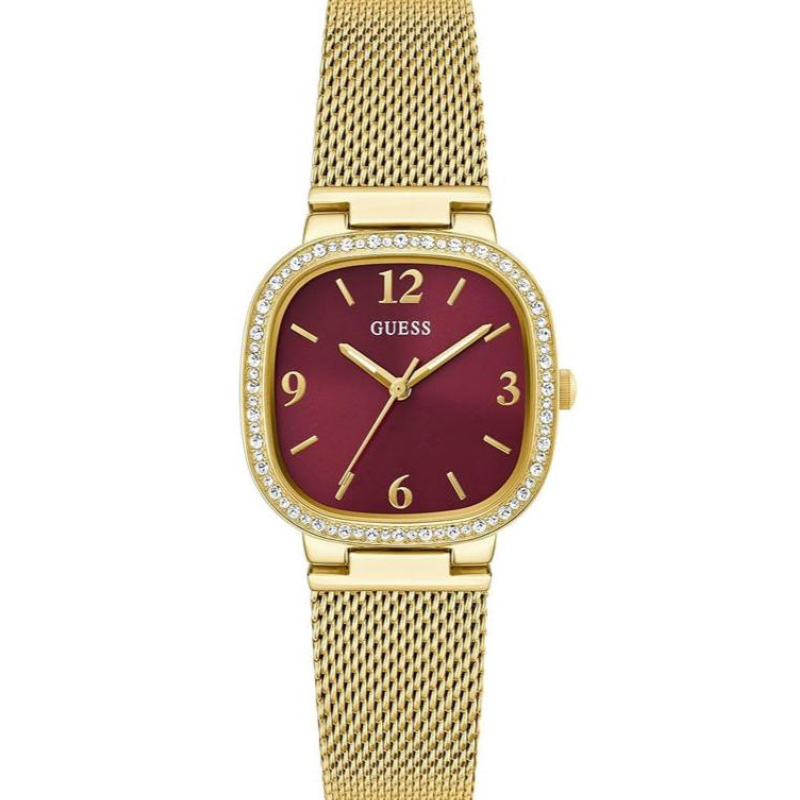 Guess Quartz Red Dial Gold Mesh Strap Watch For Women