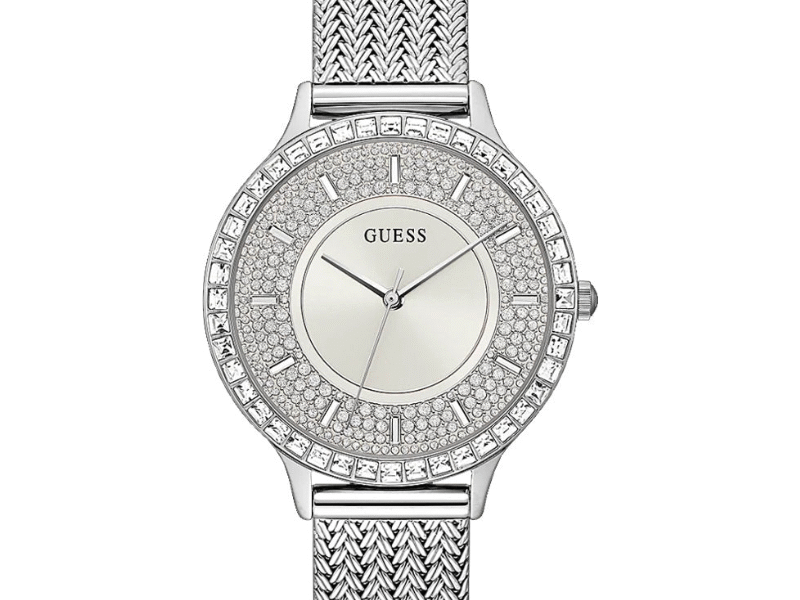 Guess Soiree Diamonds Silver Dial Silver Mesh Bracelet Watch for Women