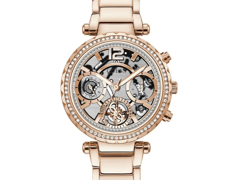 Guess Solstice Diamonds Rose Gold Dial Rose Gold Steel Strap Watch for Women