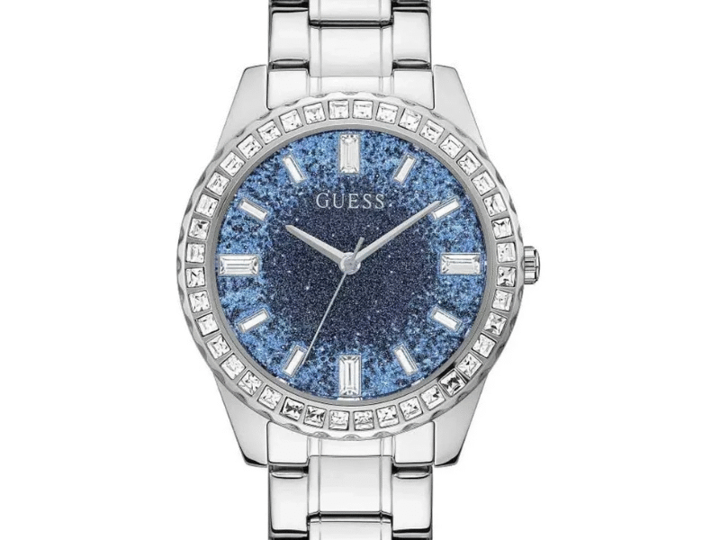 Guess Glitter Burst Diamonds Blue Dial Silver Steel Strap Watch for Women