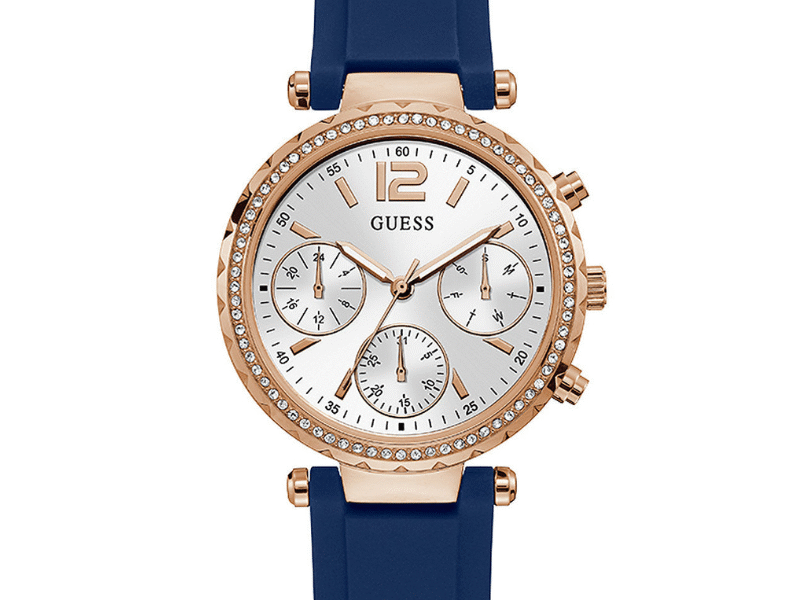 Guess Solstice Diamonds Silver Dial Blue Rubber Strap Watch for Women