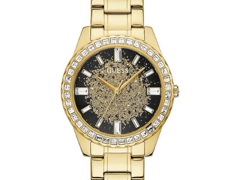 Guess Night Life Diamonds Black Dial Gold Steel Strap Watch for Women