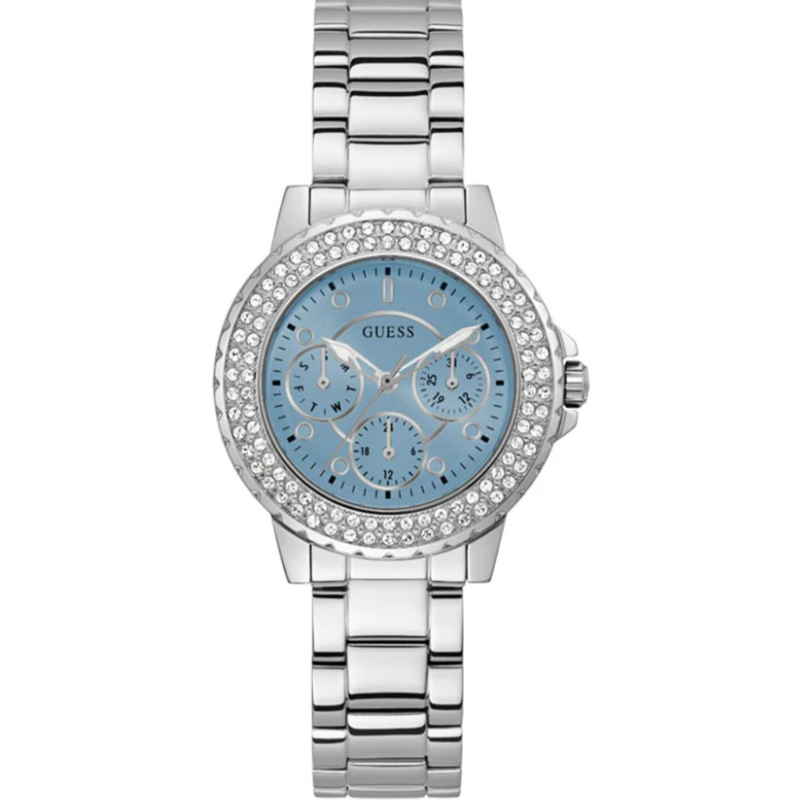 Guess Crown Jewel Diamonds Blue Dial Silver Steel Strap Watch for Women