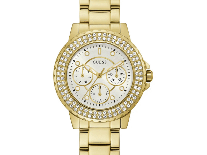 Guess Crown Jewel Diamonds White Dial Gold Steel Strap Watch for Women