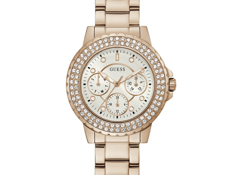 Guess Crown Jewel Multifunction Diamonds White Dial Rose Gold Steel Strap Watch For Women
