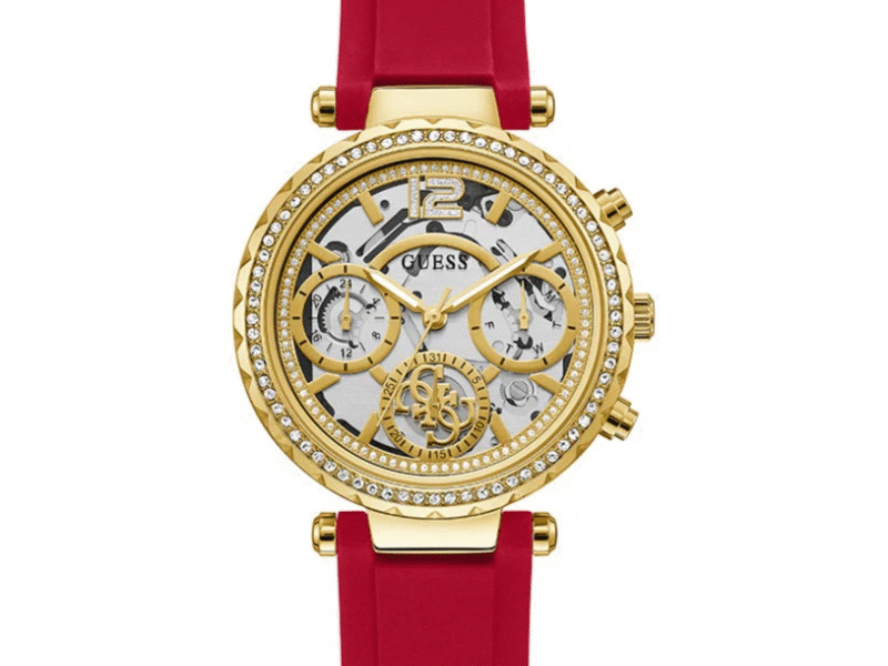 Guess Solstice Diamonds Gold Dial Red Rubber Strap Watch for Women