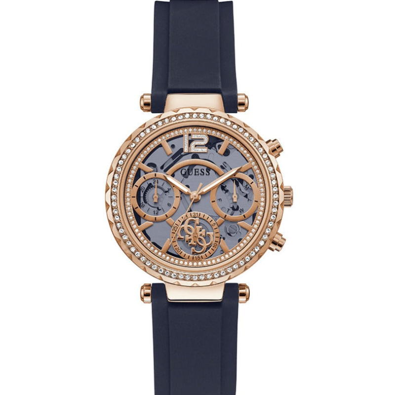 Guess Solistice Diamonds Roe Gold Dial Black Rubber Strap Watch for Women