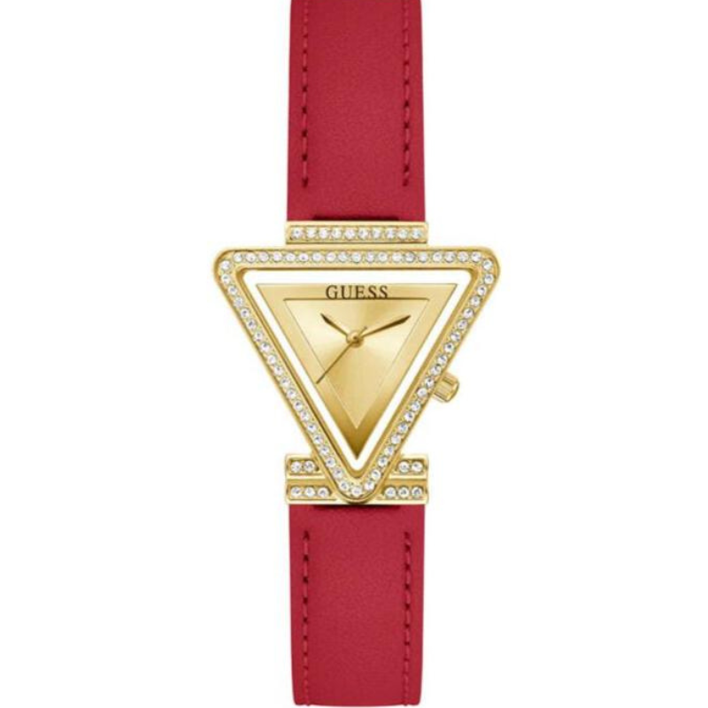 Guess Fame Quartz Gold Dial Red Leather Strap Watch For Women