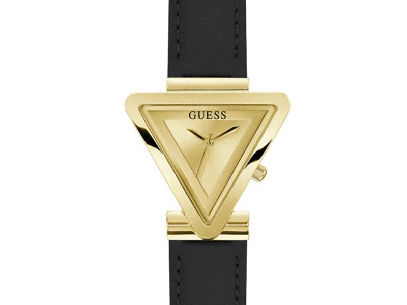 Guess Fame Quartz Gold Dial Black Leather Strap Watch For Women