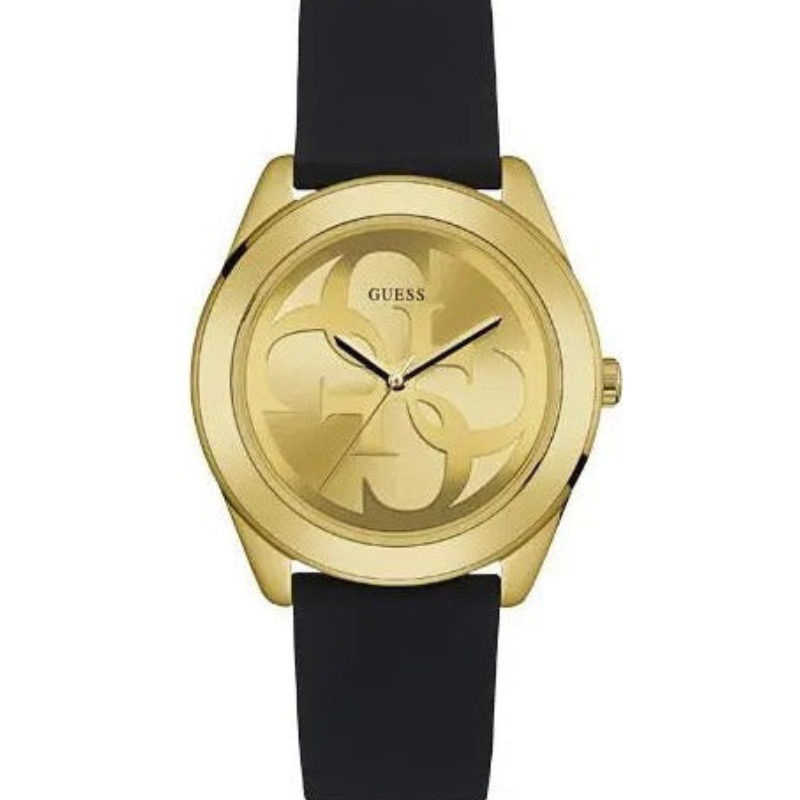 Guess G Twist Gold Dial Black Leather Strap Watch for Women