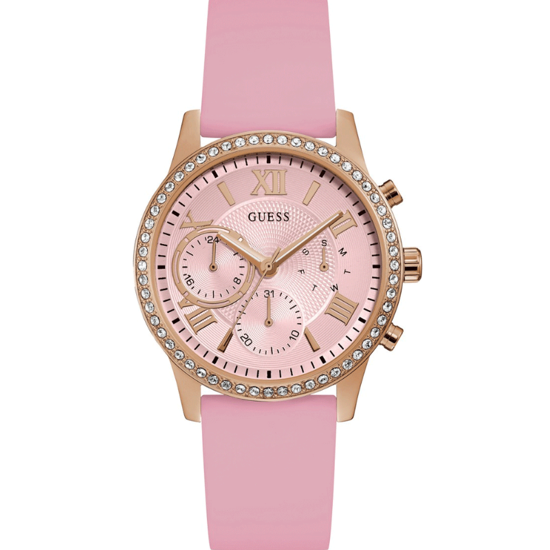 Guess Solar Rose Gold Dial Pink Rubber Strap Watch For Women