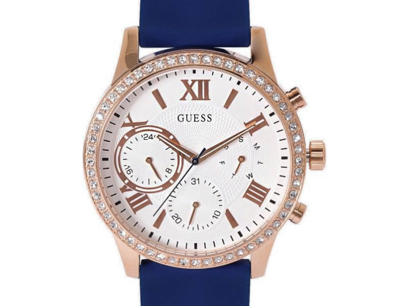 Guess Solar White Rose Gold Dial Blue Rubber Strap Watch For Women
