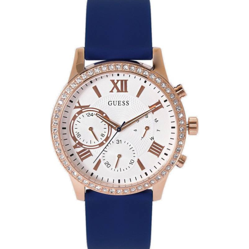 Guess Solar White Rose Gold Dial Blue Rubber Strap Watch For Women