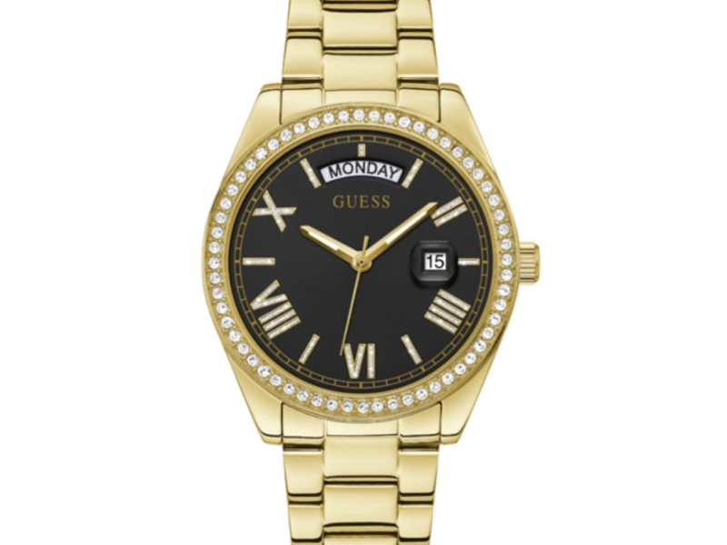 Guess Luna Diamonds Black Dial Gold Steel Strap Watch for Women