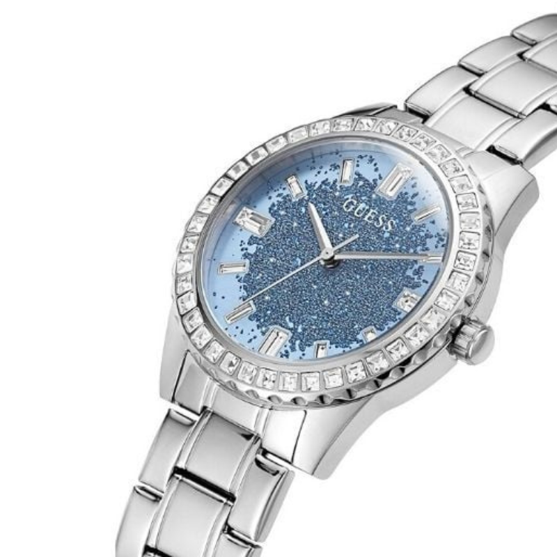 Guess Glitter Burst Diamonds Blue Dial Silver Steel Strap Watch for Women - Image 4